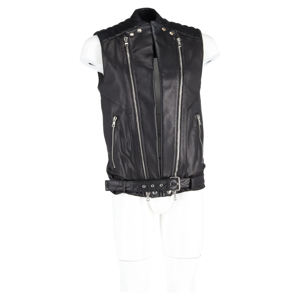 Balmain Belted Vest Jacket in Black Leather