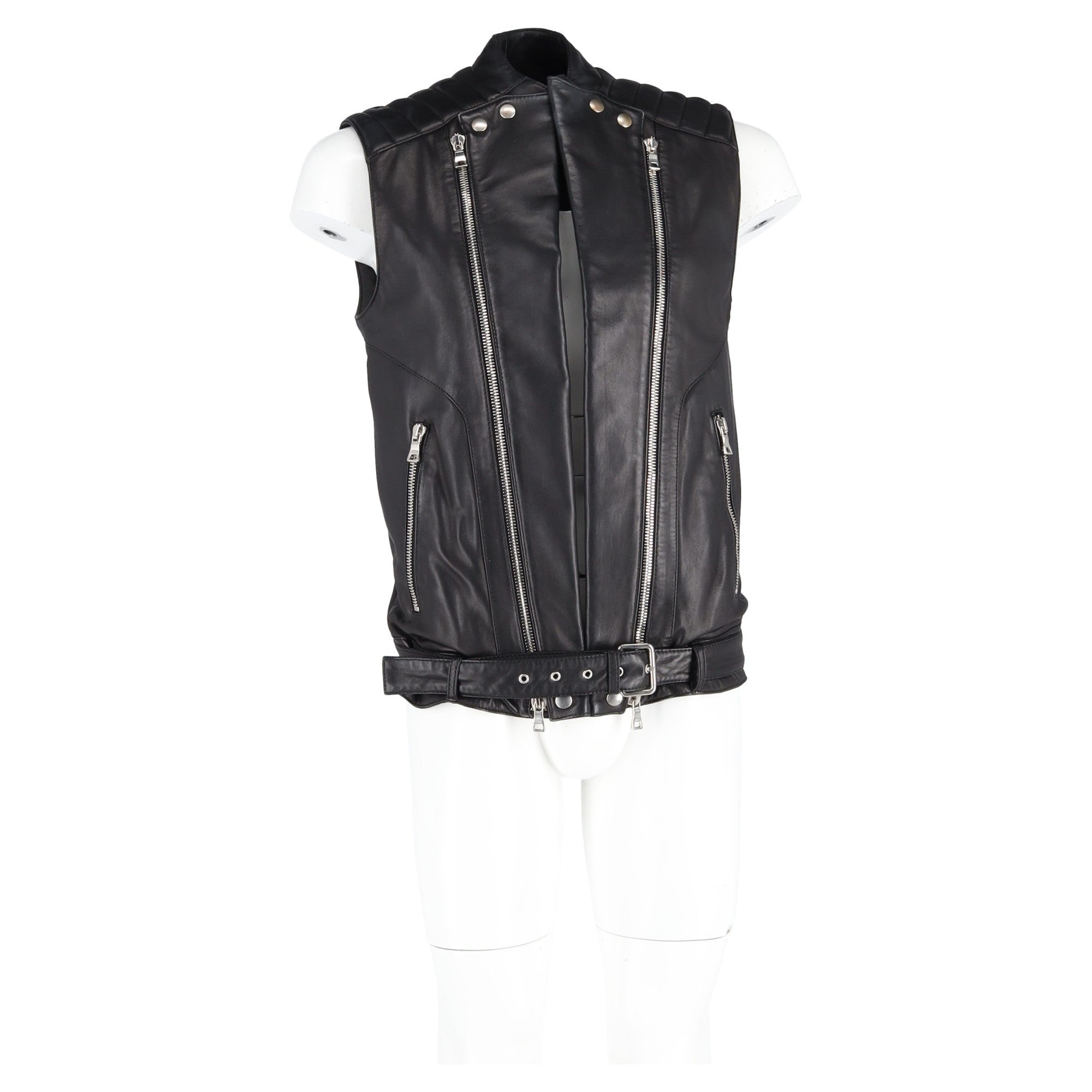 Balmain Belted Vest Jacket in Black Leather