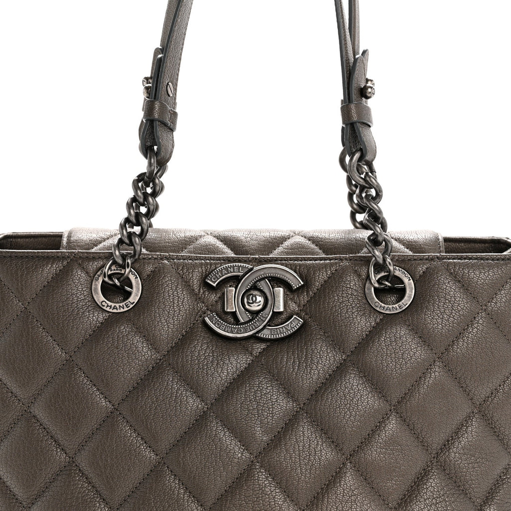 Metallic Goatskin Quilted Large City Rock Shopping Bag Silver