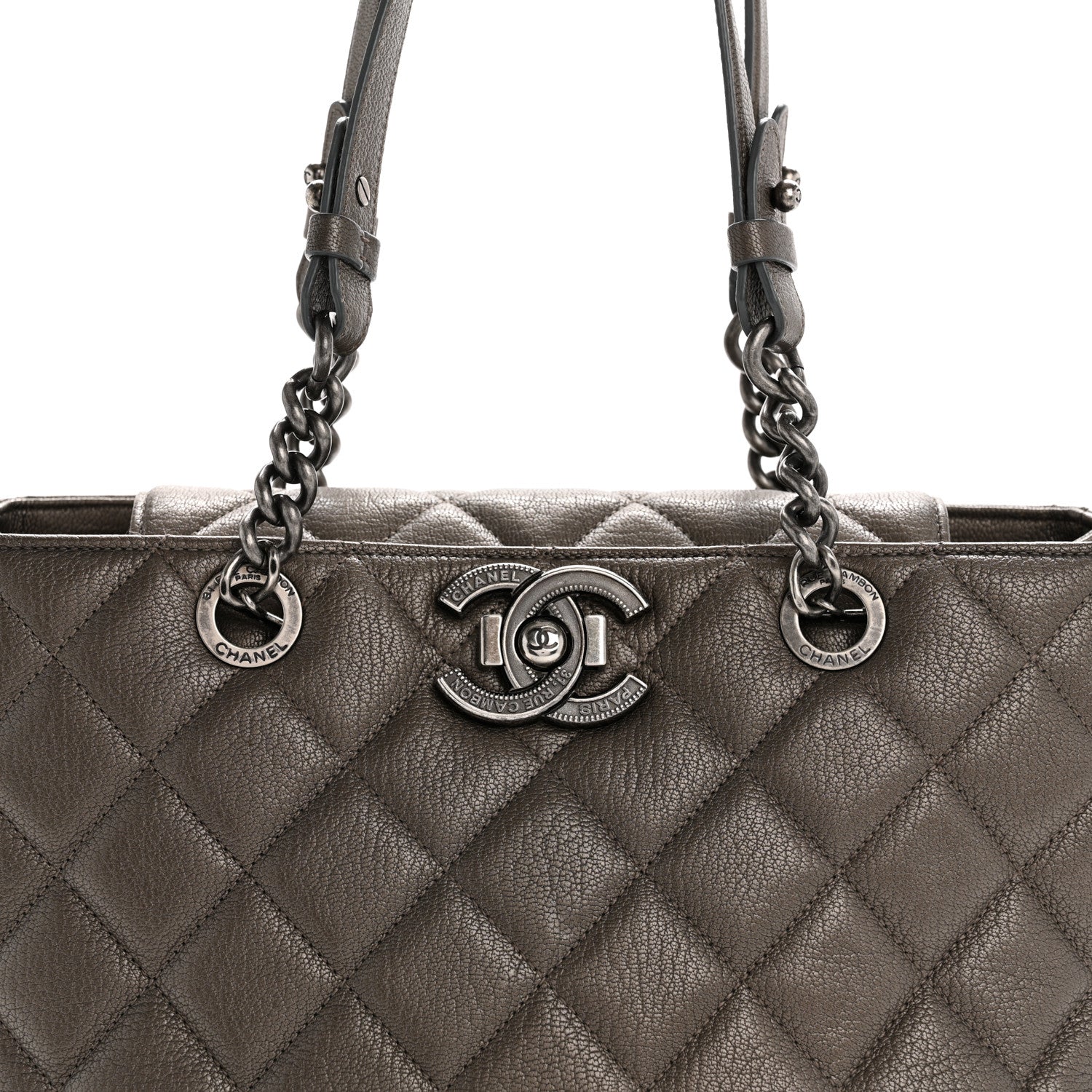 Metallic Goatskin Quilted Large City Rock Shopping Bag Silver