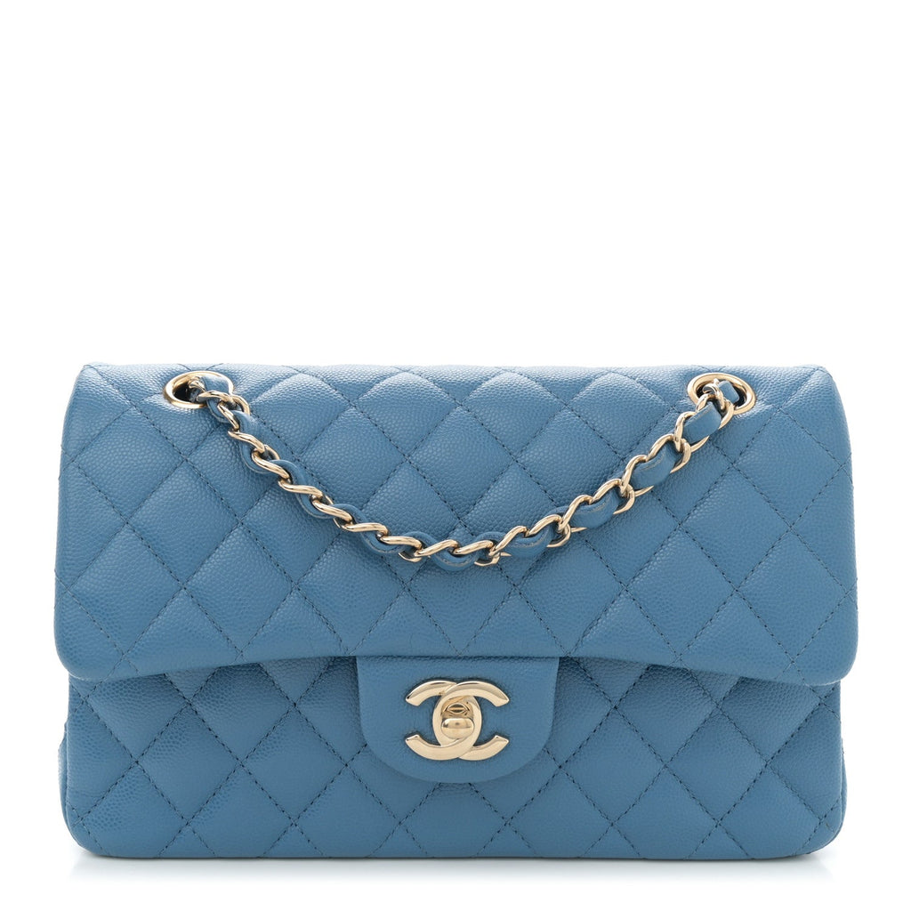 Caviar Quilted Small Double Flap Blue