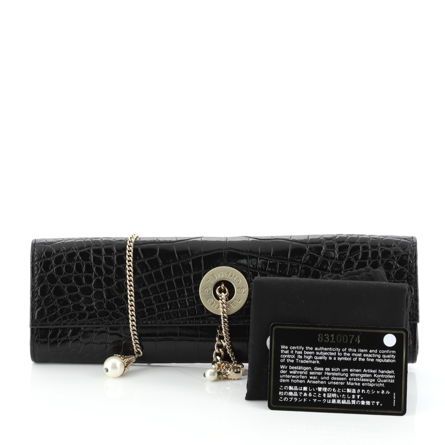 Vintage Pearl Chain Flap Clutch Crocodile Long