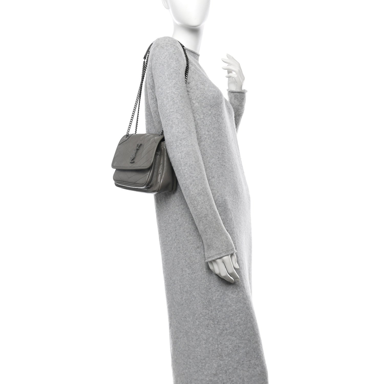 Crinkled Calfskin Matelasse Monogram Baby Niki Chain Satchel Grey Kaki