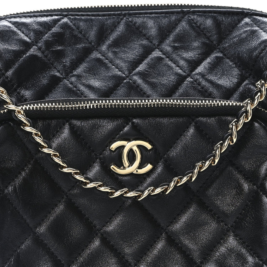 Shiny Crumpled Lambskin Quilted Medium Preppy Pocket Camera Case Black