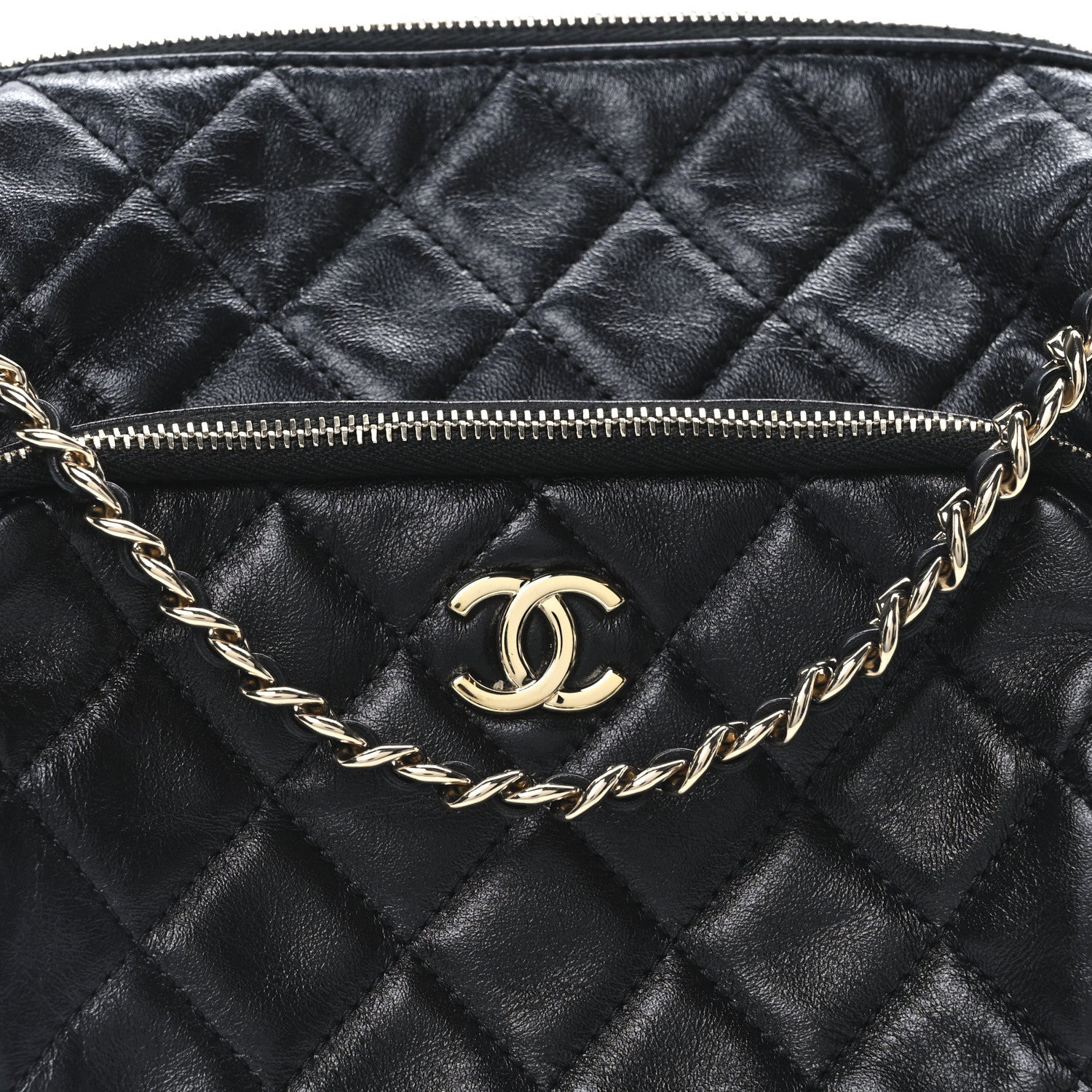 Shiny Crumpled Lambskin Quilted Medium Preppy Pocket Camera Case Black