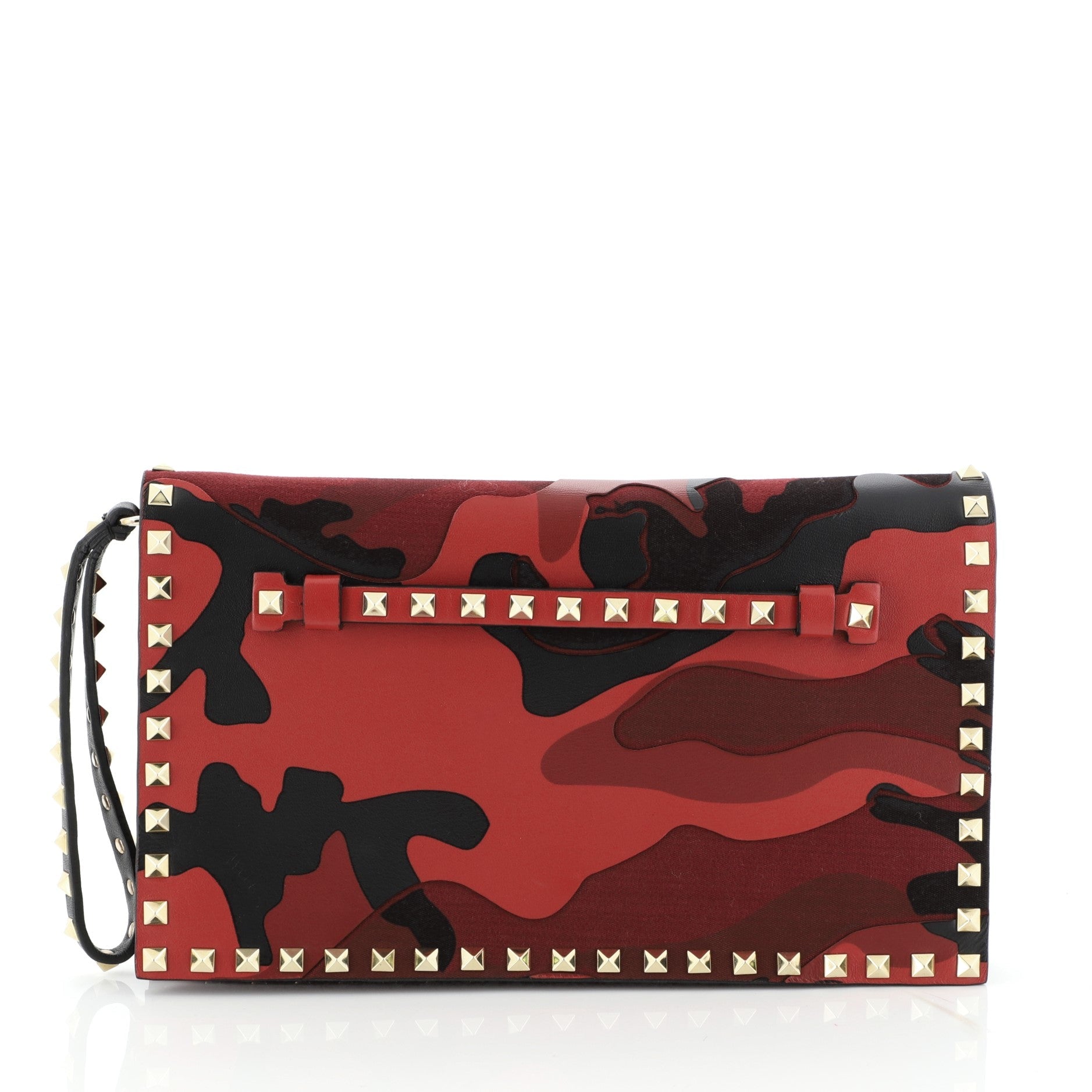 Rockstud Flap Clutch Camo Leather and Canvas