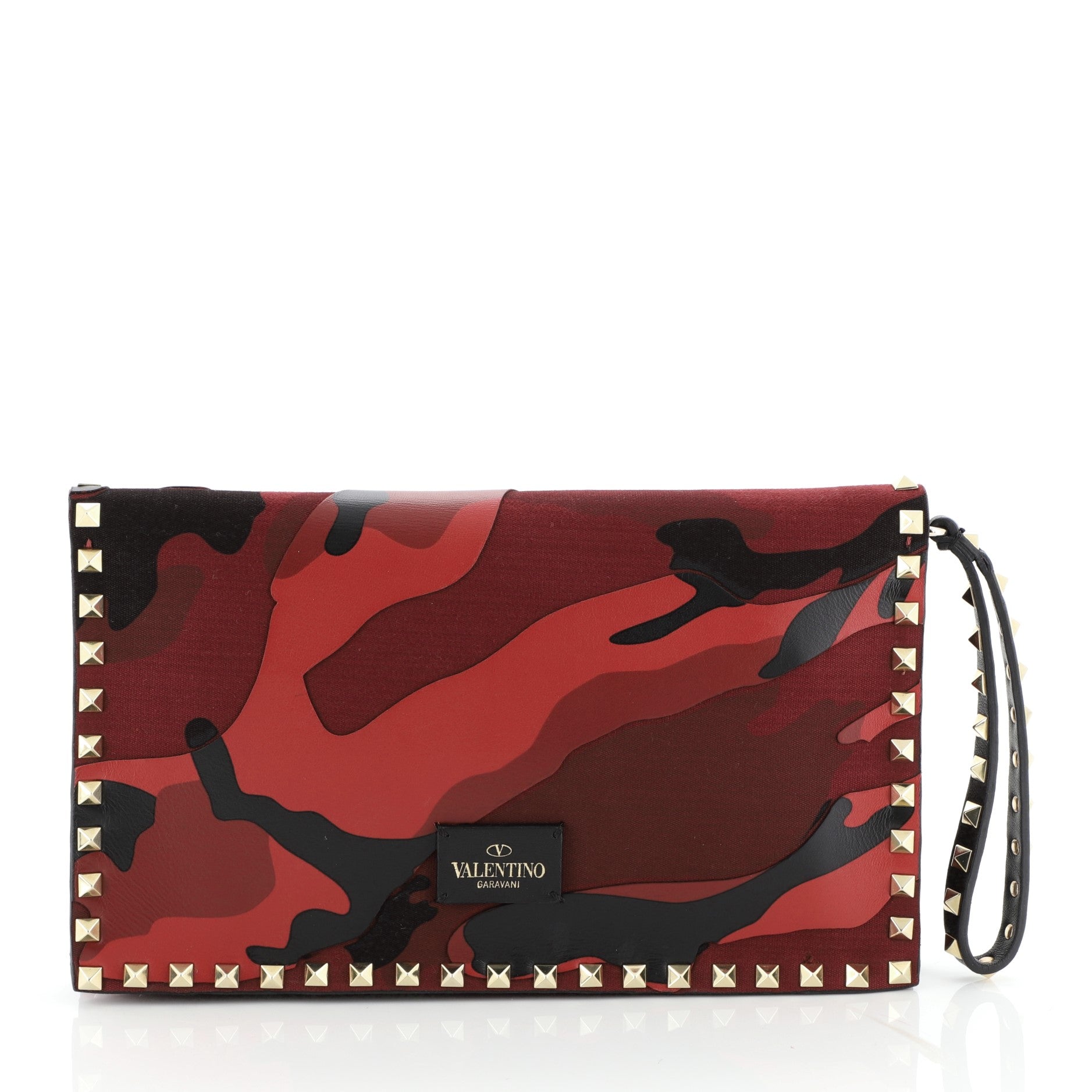 Rockstud Flap Clutch Camo Leather and Canvas