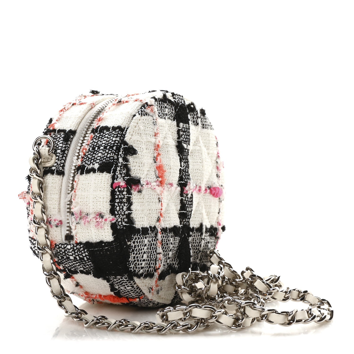 Tweed Quilted Round Clutch With Chain Black White Multicolor