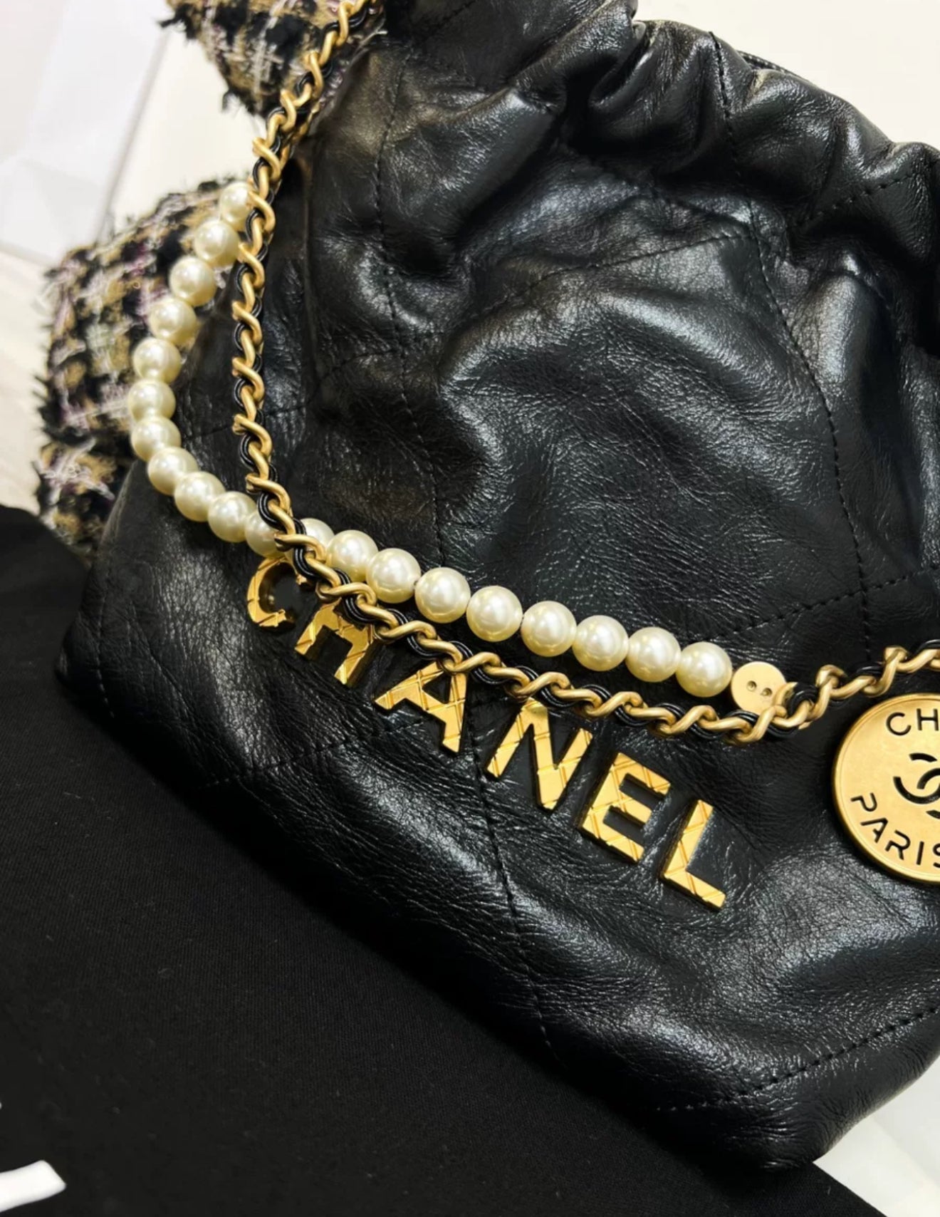 Chanel Black Quilted Calfskin Imitation Pearl Strap Mini 22 Hobo Bag Gold Hardware