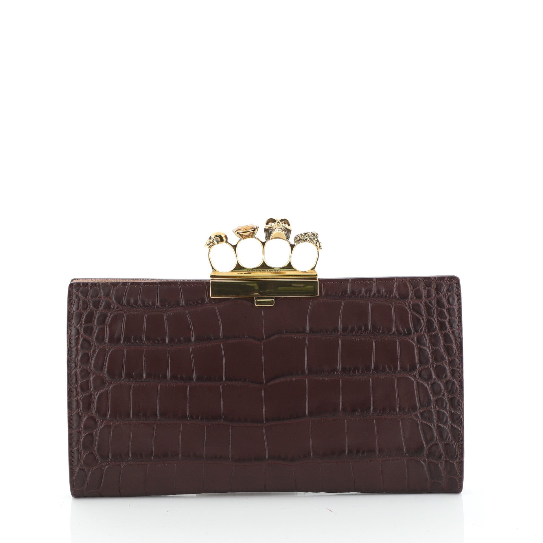 Flat Knuckle Clutch Crocodile Embossed Leather Medium