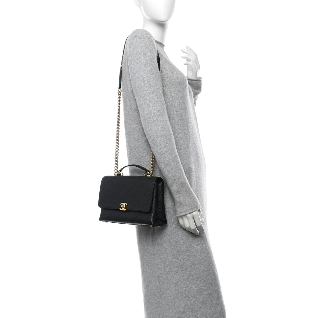 Caviar Diamond Stitched Small Top Handle Flap Black