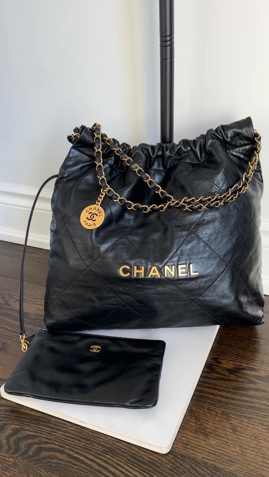 Chanel 22 Black Glossed Leather Large Chain Bag