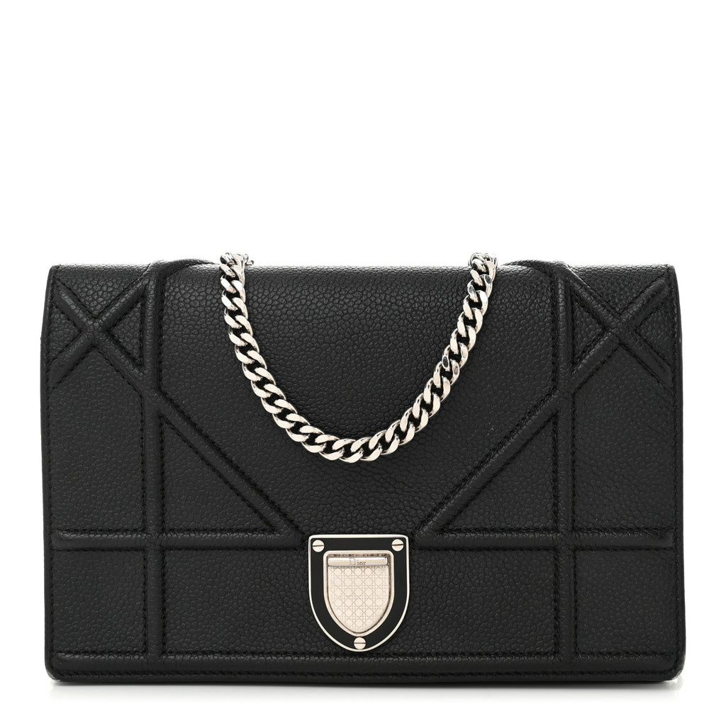 Grained Calfskin Diorama Wallet on Chain Pouch Black