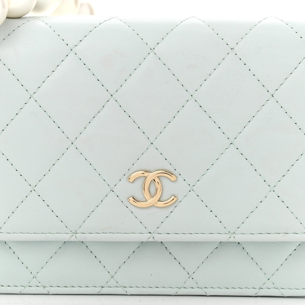 Calfskin Quilted Mini Maxi Pearls Wallet On Chain WOC Light Blue