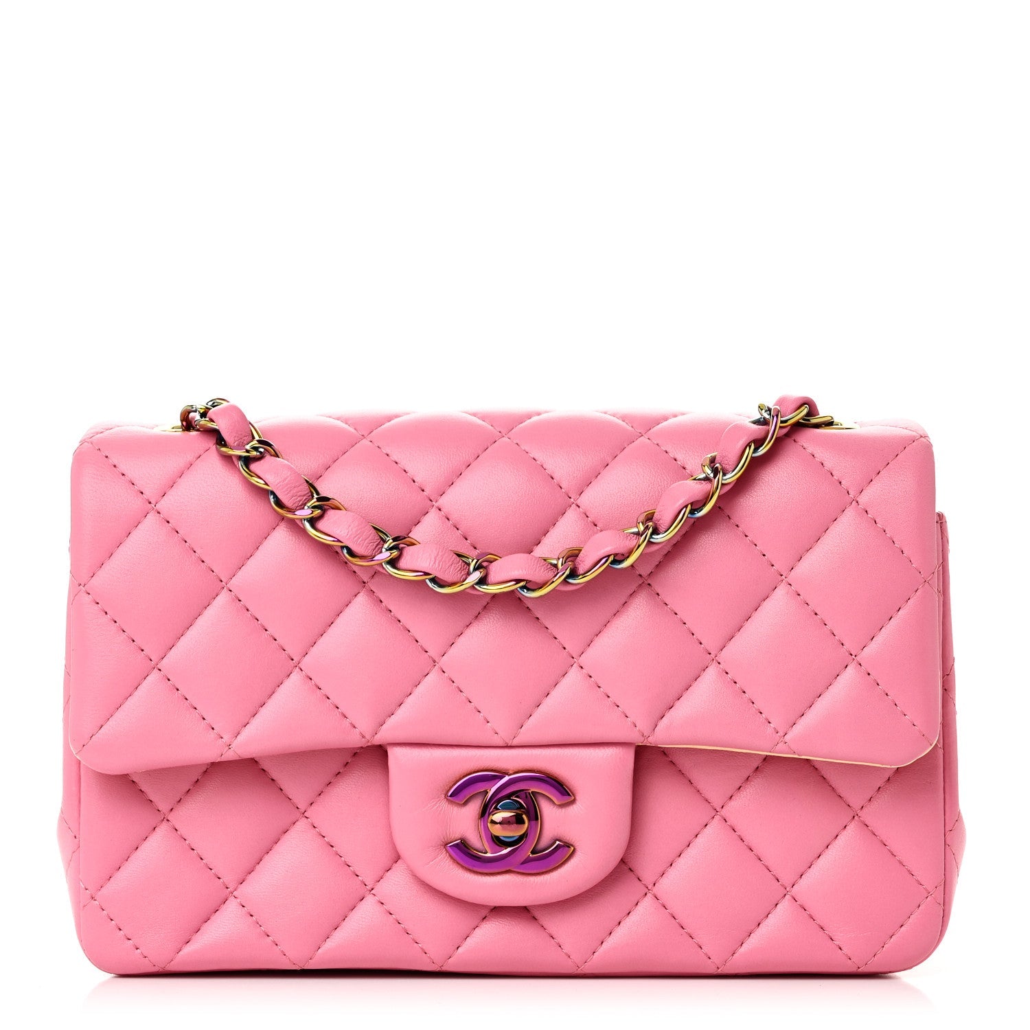 Lambskin Quilted Mini Rectangular Flap Pink Yellow