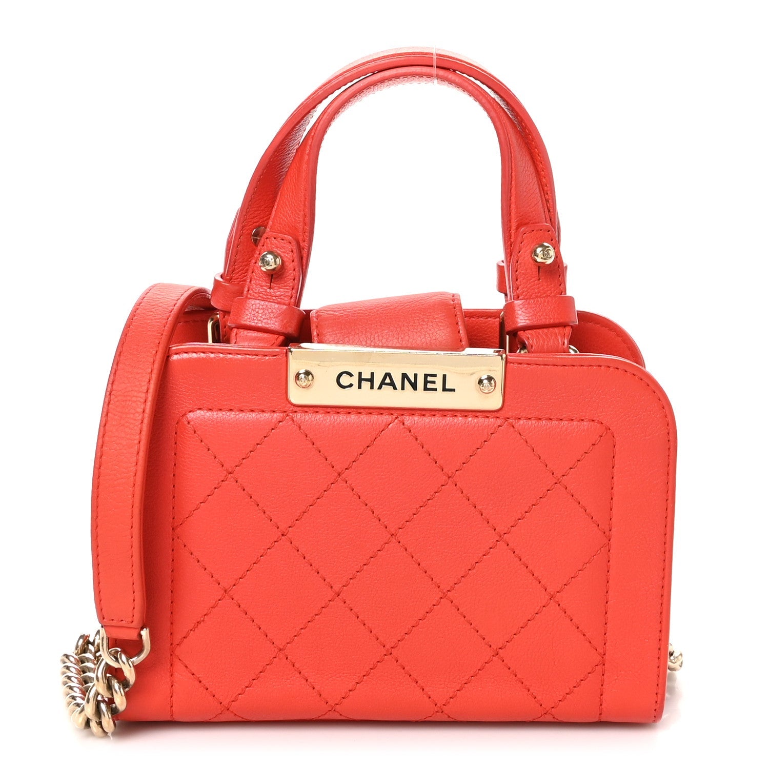 Grained Calfskin Stitched Mini Label  Shopper Tote Red