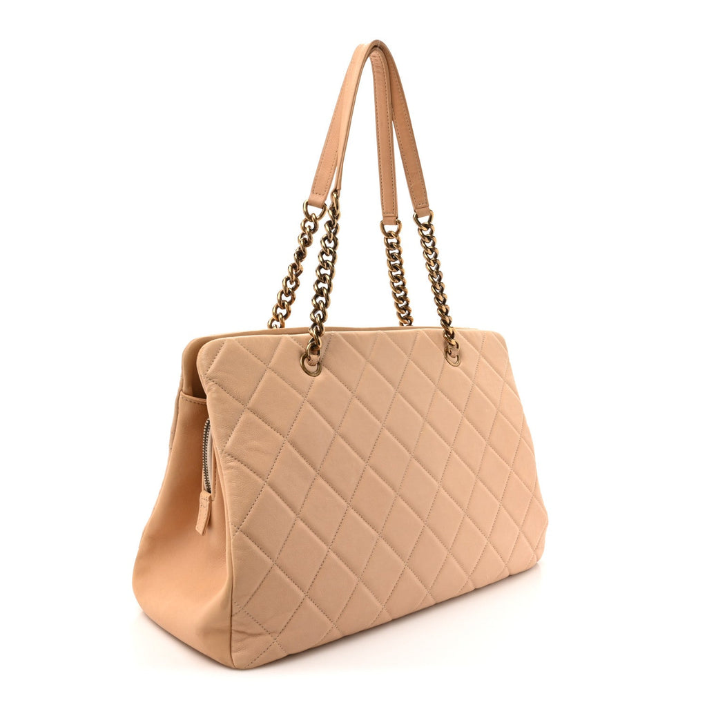 Calfskin Quilted Large CC Crown Tote Beige