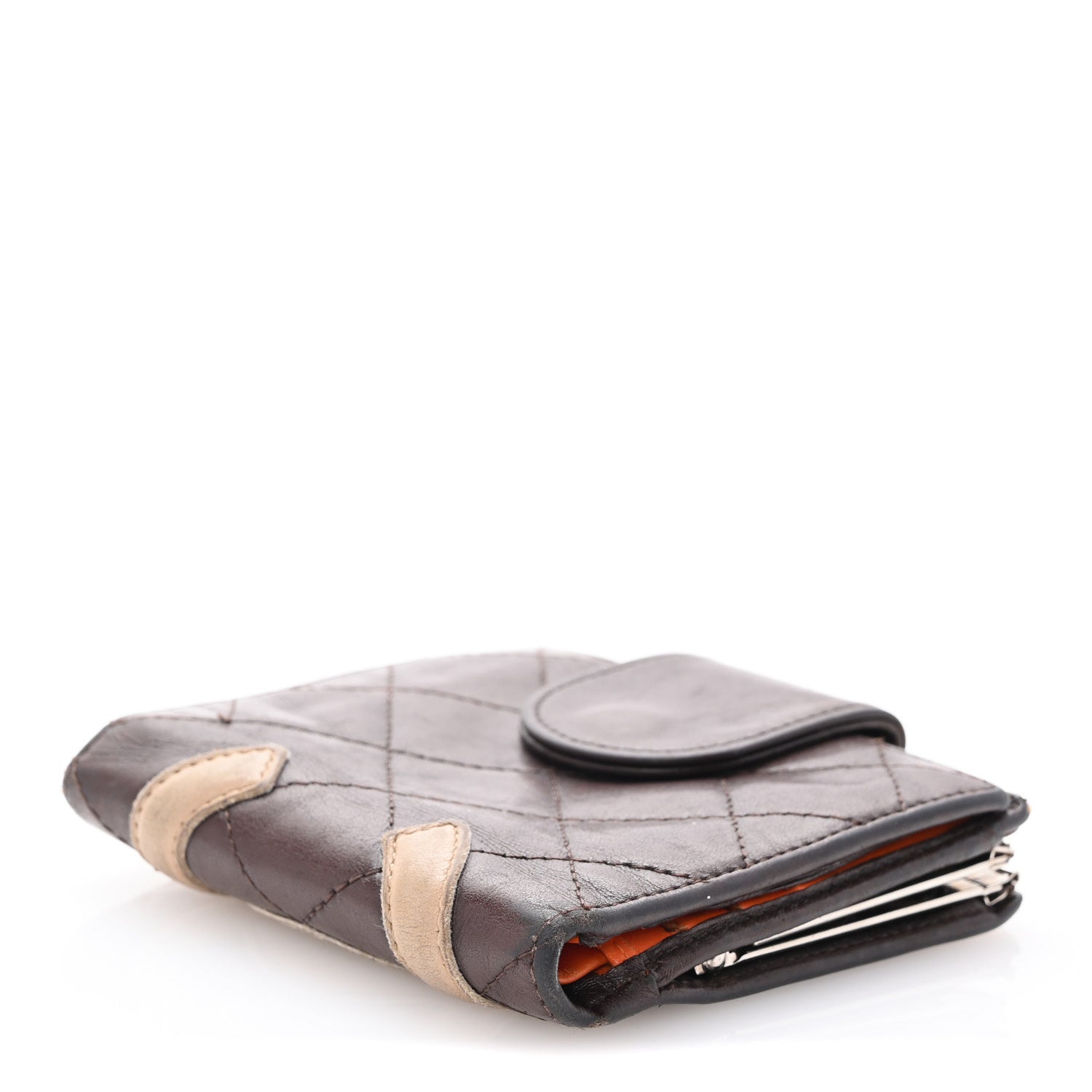 Calfskin Quilted Cambon Bi-fold Wallet Brown