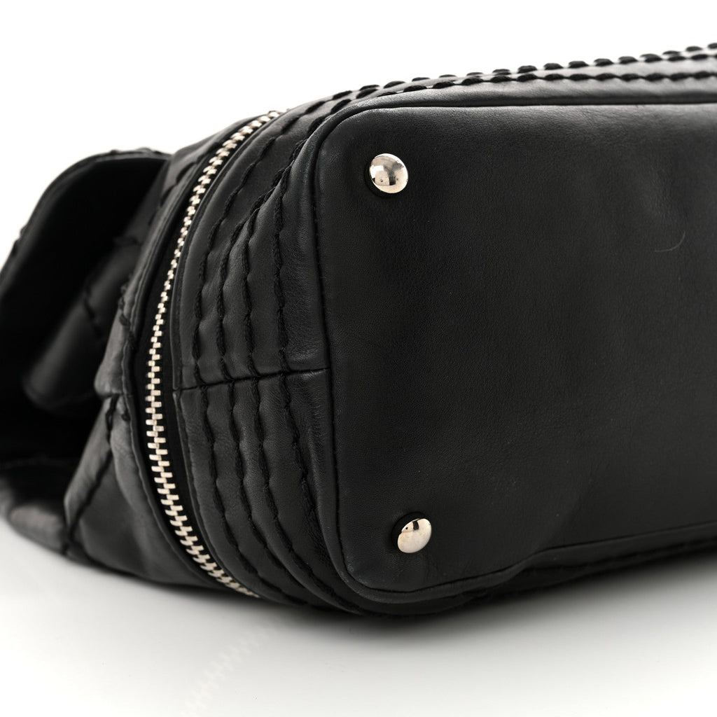 Calfskin Stitched Large Expandable Flap Bag Black