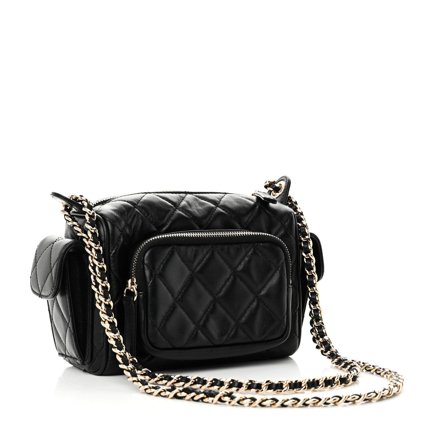 Shiny Crumpled Lambskin Quilted Small Preppy Pocket Camera Case Black