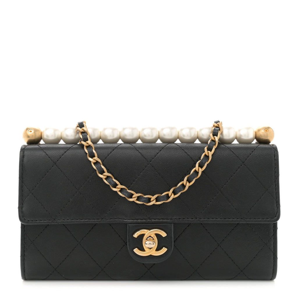 Goatskin Quilted Chic Pearls Clutch With Chain Black