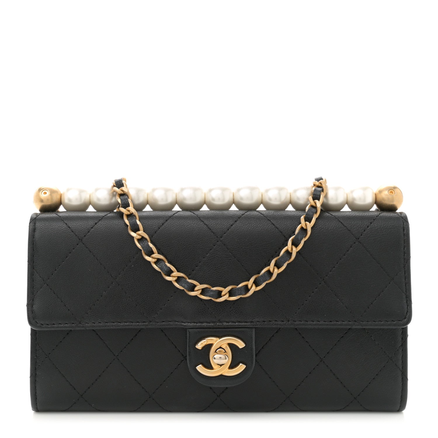 Goatskin Quilted Chic Pearls Clutch With Chain Black