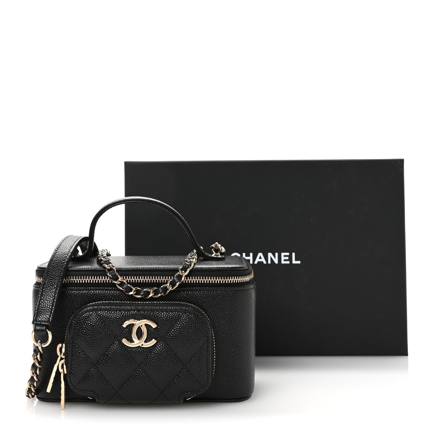 Caviar Quilted Top Handle Pocket Vanity Case Black