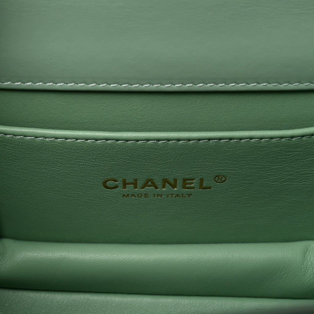 Shiny Calfskin Quilted Mini Metal Top Handle Flap Light Green