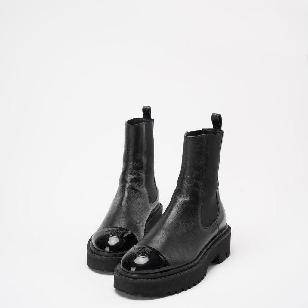 Chanel Black Crumpled Cap Toe Short Boots 38
