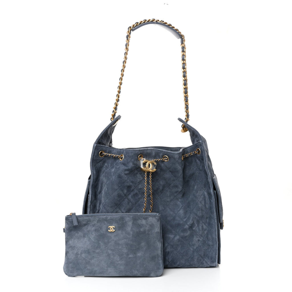 Suede Quilted Medium Chanel 25 Handbag Blue