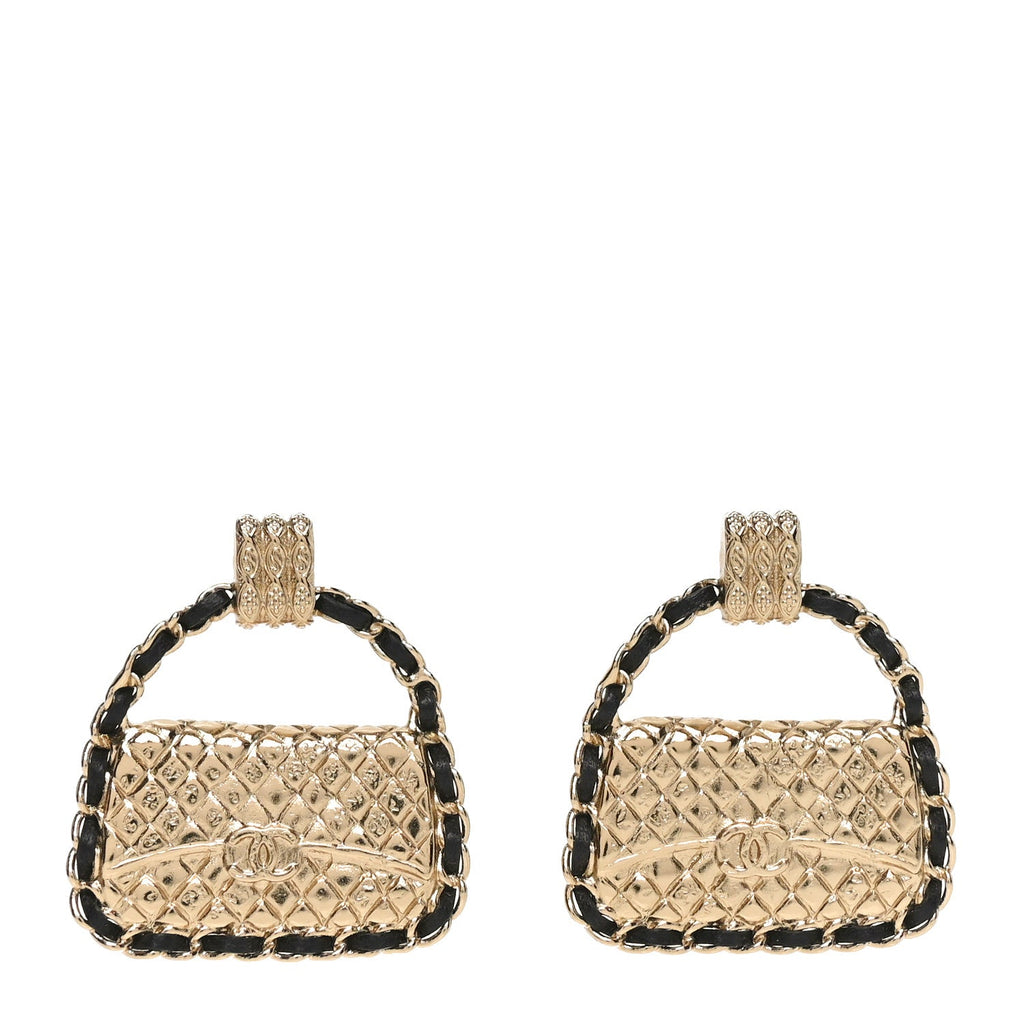 Metal Lambskin Quilted CC Chain Flap Bag Earrings Gold Black