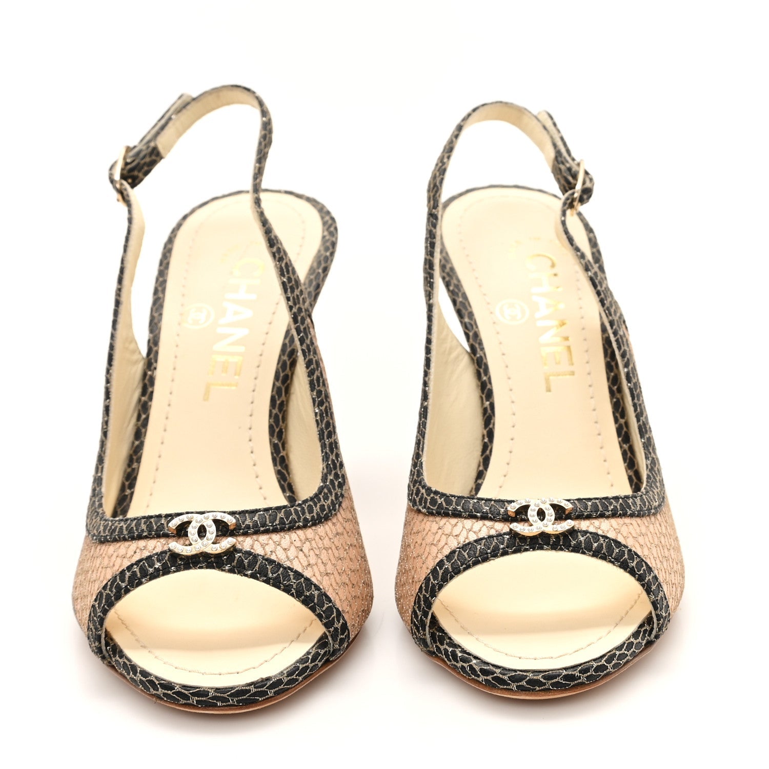Calfskin Mesh Pearl CC Peep Toe Slingback Pumps 36 Salmon Black