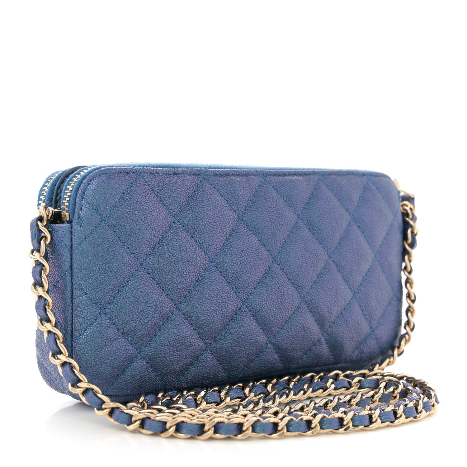 Iridescent Caviar Quilted Clutch With Chain Dark Blue