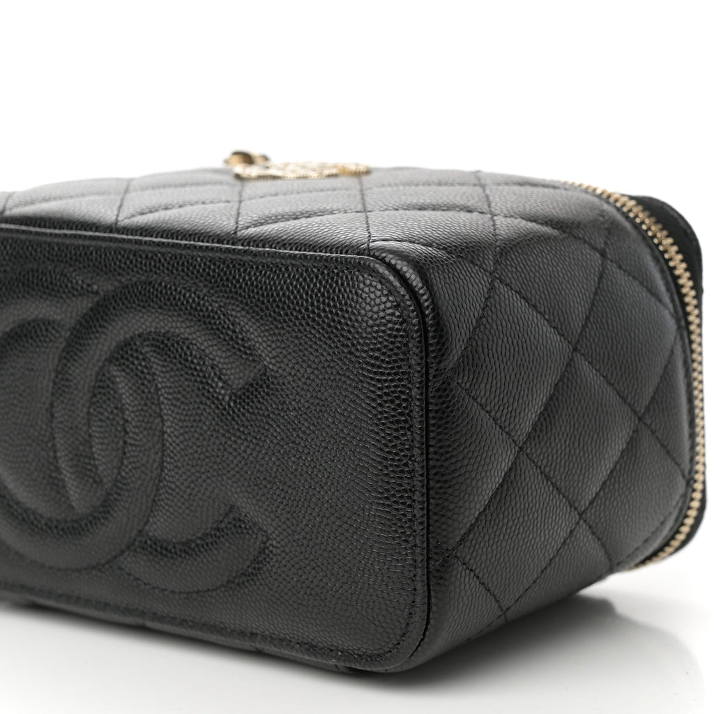 Caviar Quilted Crystal Hearts Small Vanity Case With Chain Black