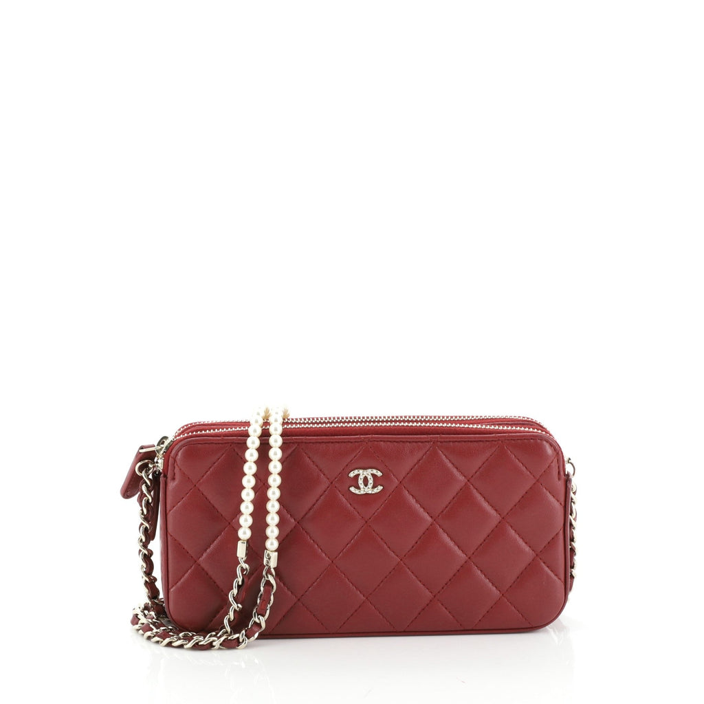 Double Zip Clutch with Pearl Chain Quilted Lambskin