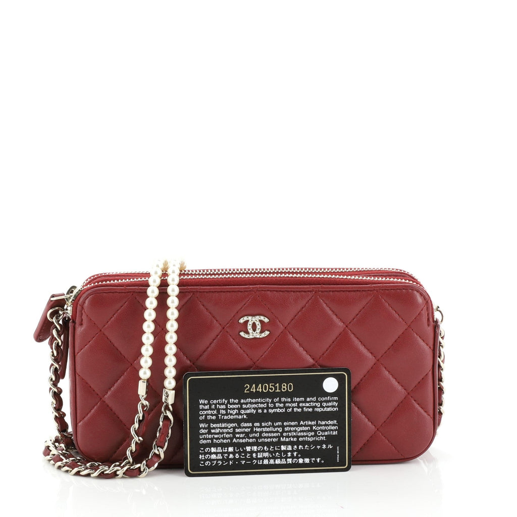 Double Zip Clutch with Pearl Chain Quilted Lambskin