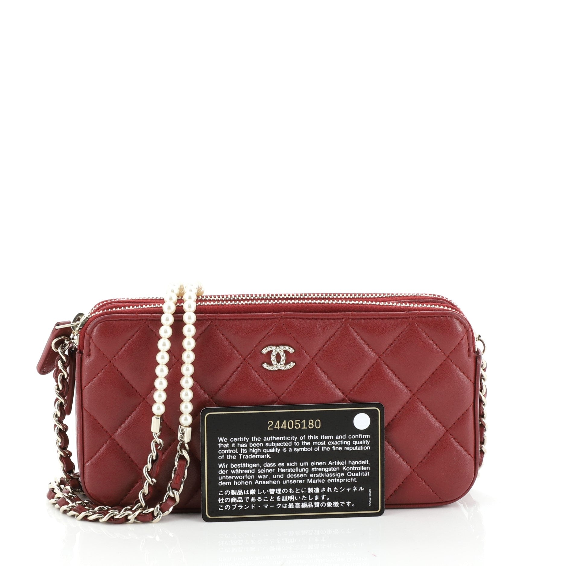 Double Zip Clutch with Pearl Chain Quilted Lambskin