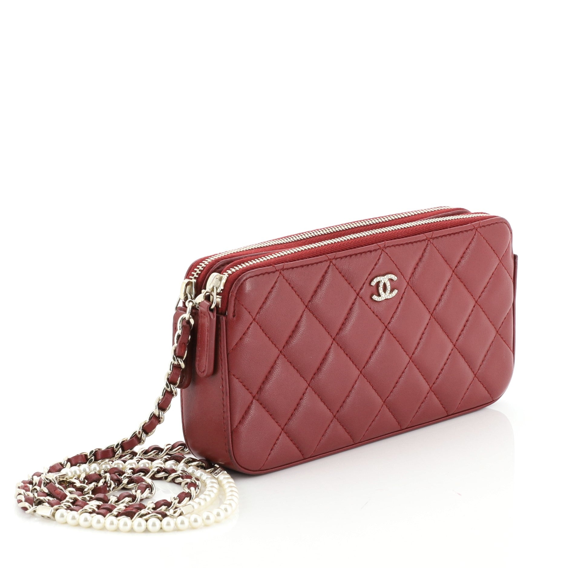 Double Zip Clutch with Pearl Chain Quilted Lambskin