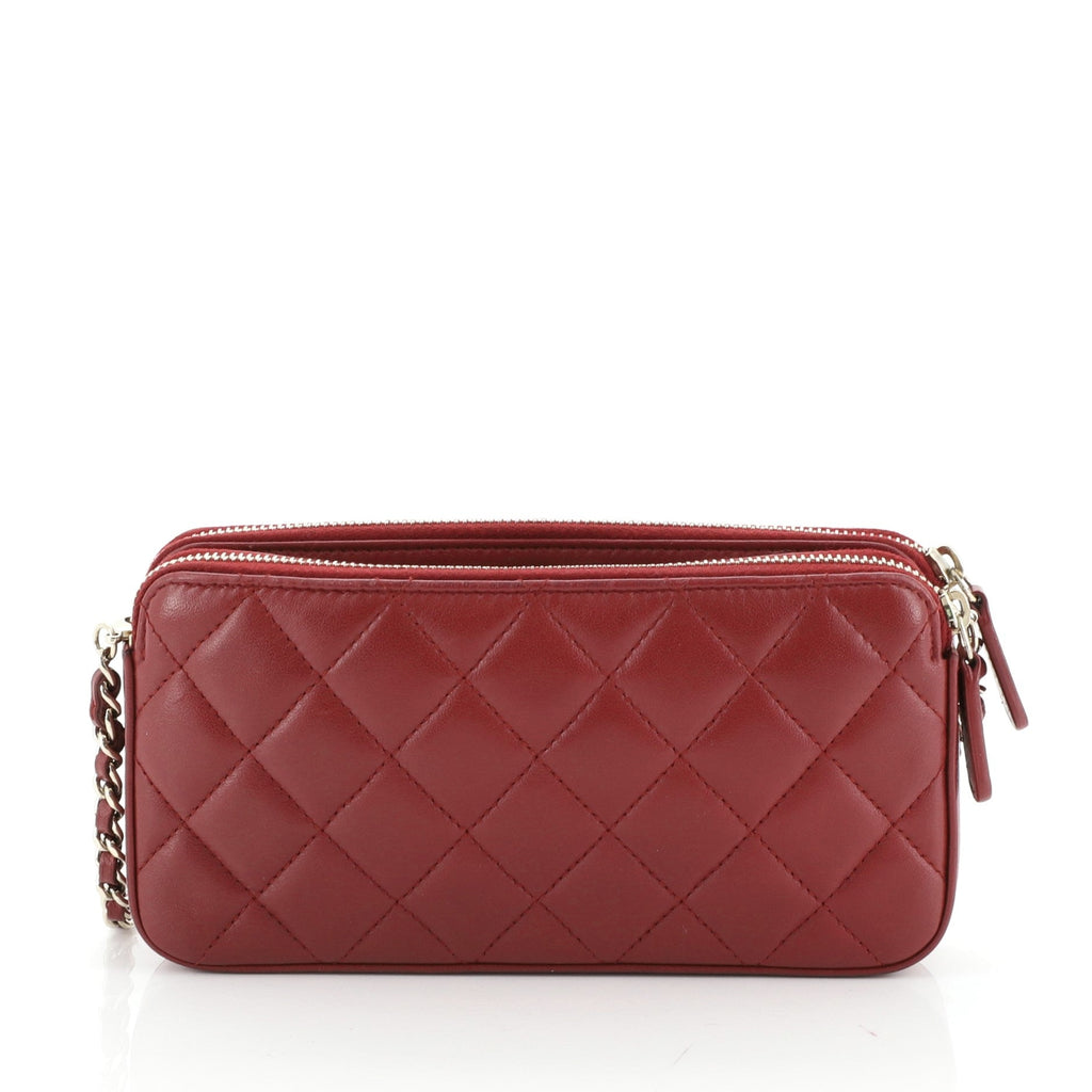 Double Zip Clutch with Pearl Chain Quilted Lambskin