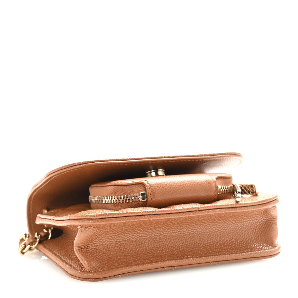 Caviar Quilted Business Affinity Clutch With Chain Flap Dark Beige