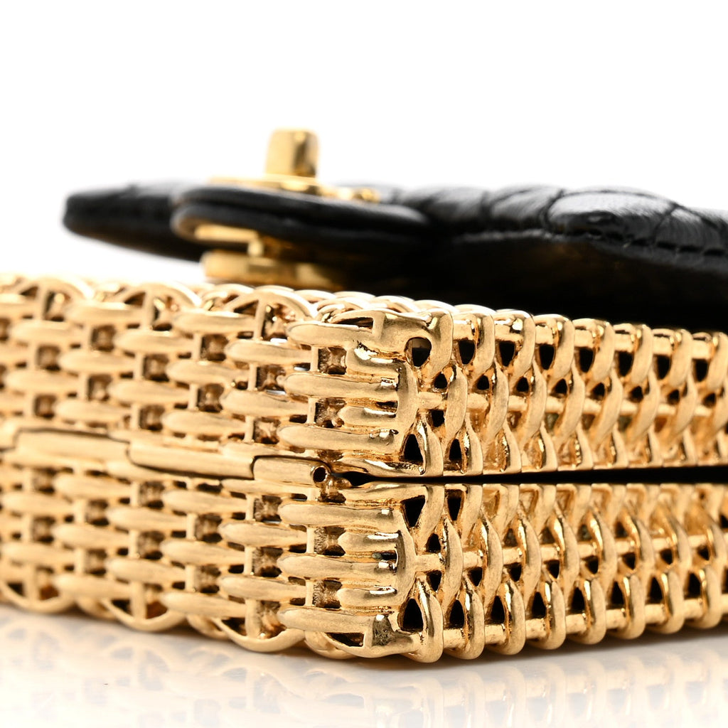 Woven Metal Lambskin Quilted Micro Flap Black Gold