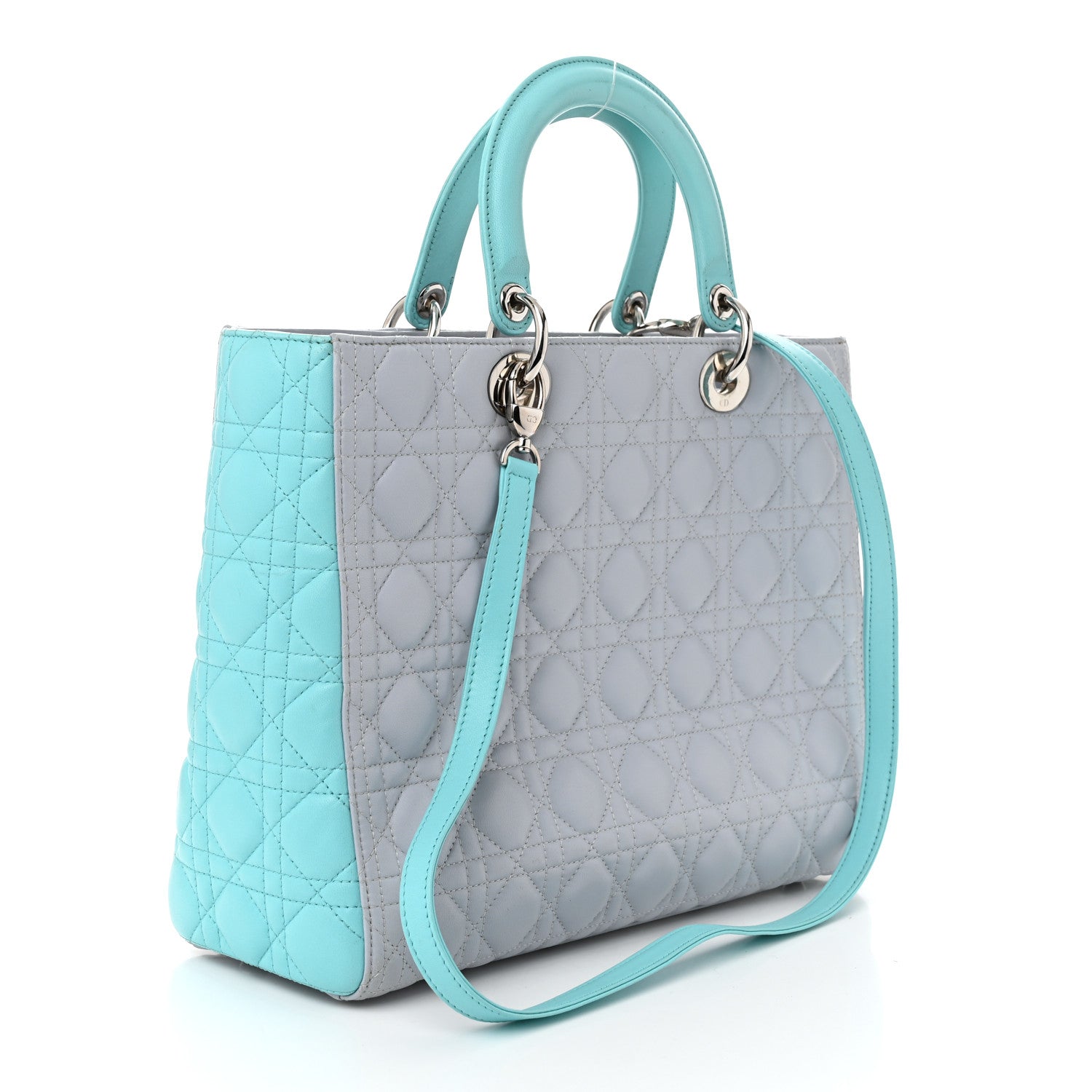 Lambskin Cannage Large Lady Dior Grey Turquoise