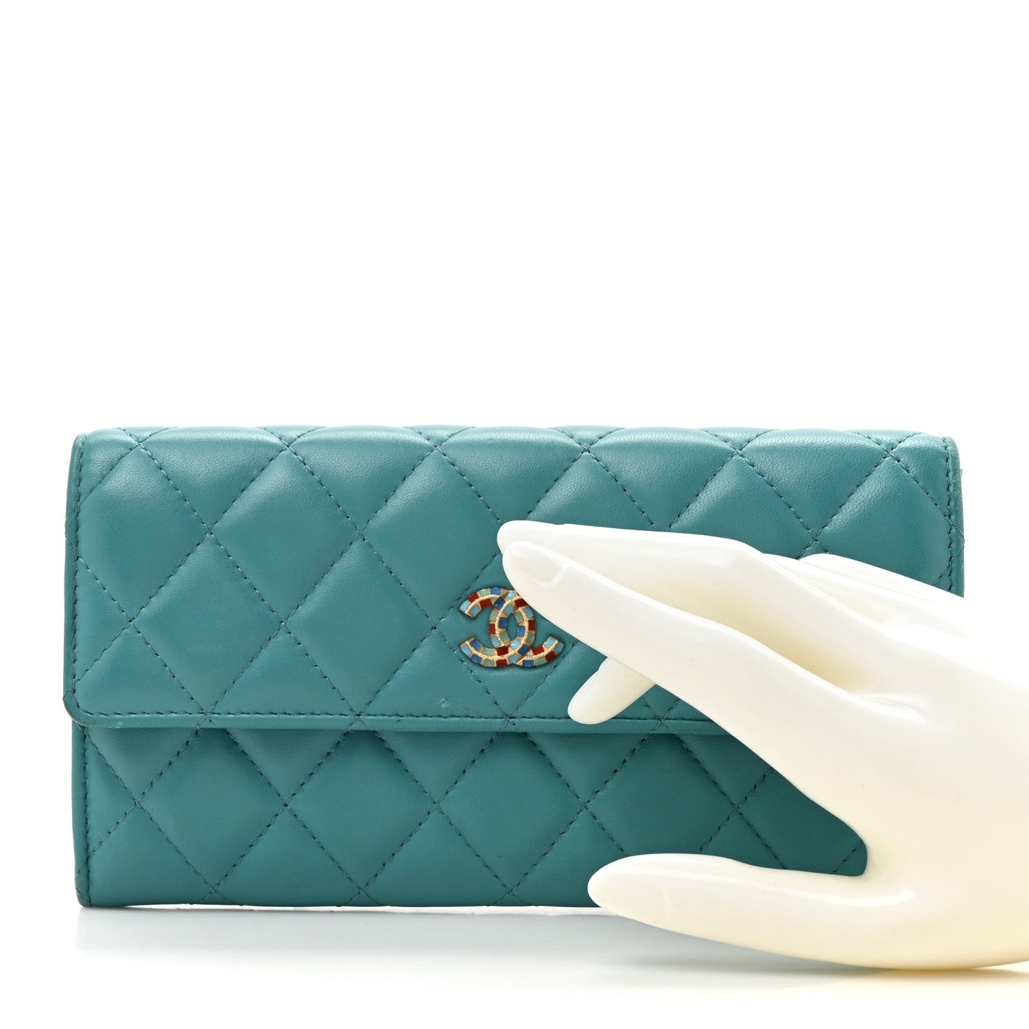 Lambskin Gripoix Quilted Gusset Flap Wallet Turquoise