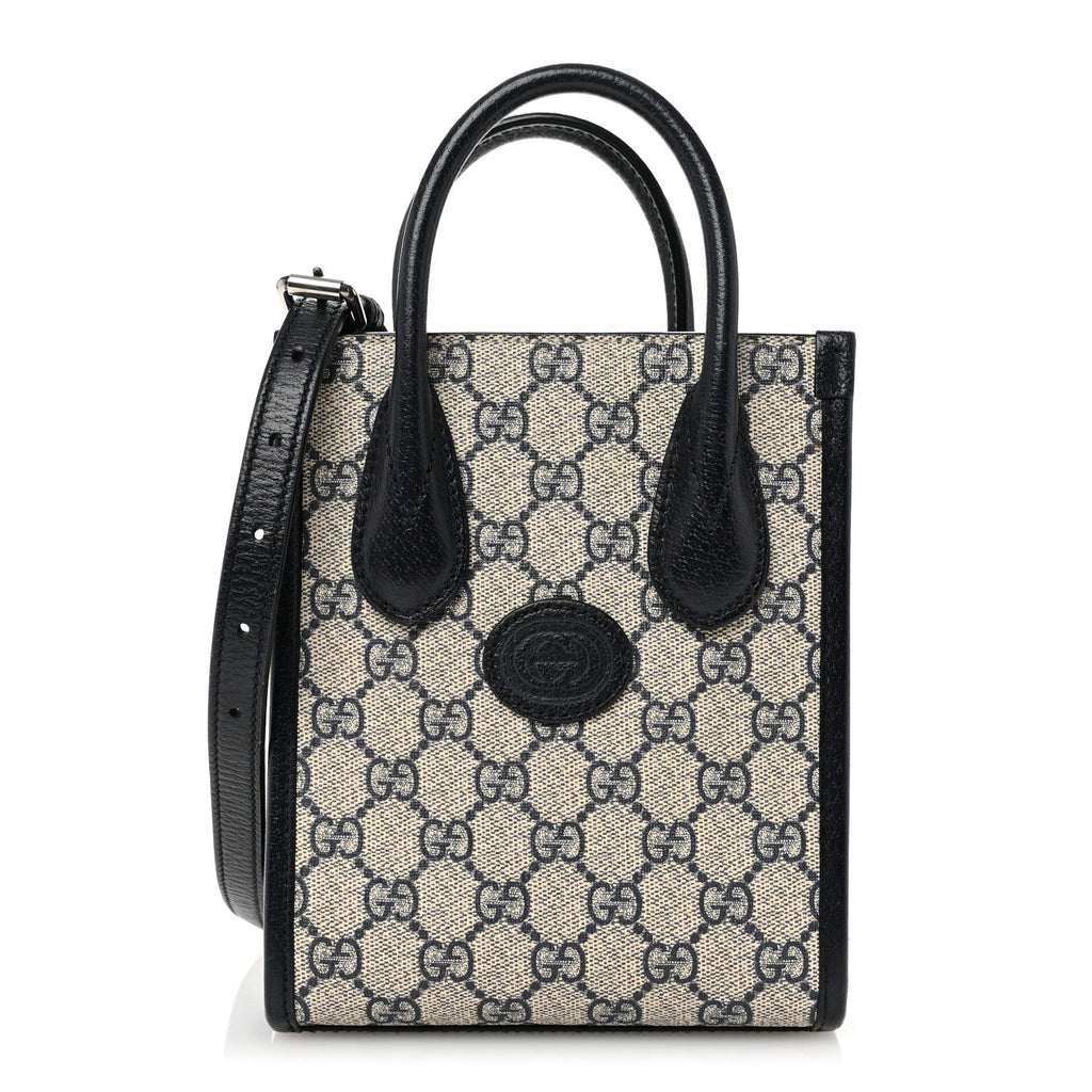 GG Supreme Monogram Textured Dollar Calfskin Mini Retro Interlocking G Tote Bag Beige Blue