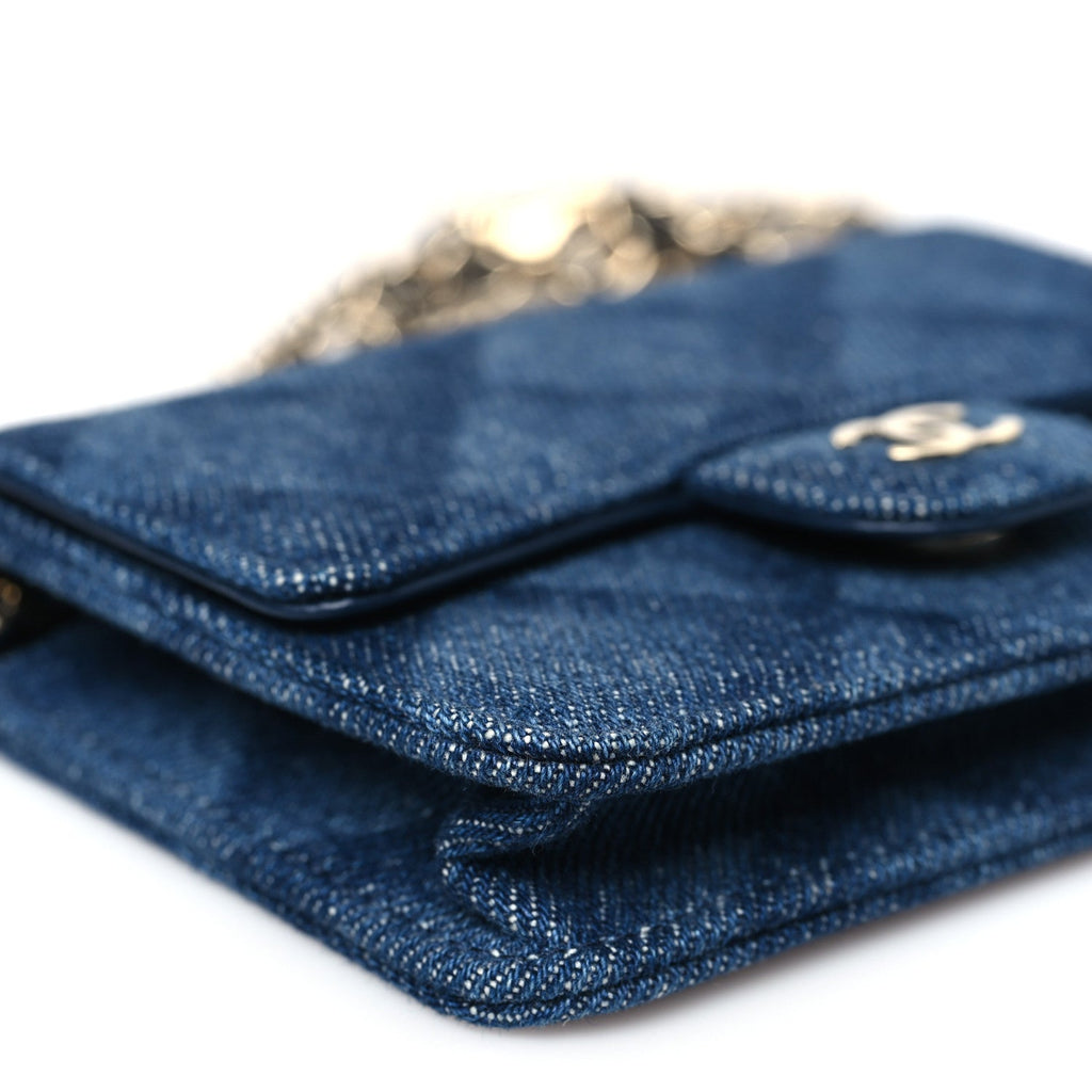 Printed Denim Quilted  Holder On Chain  Dark Blue