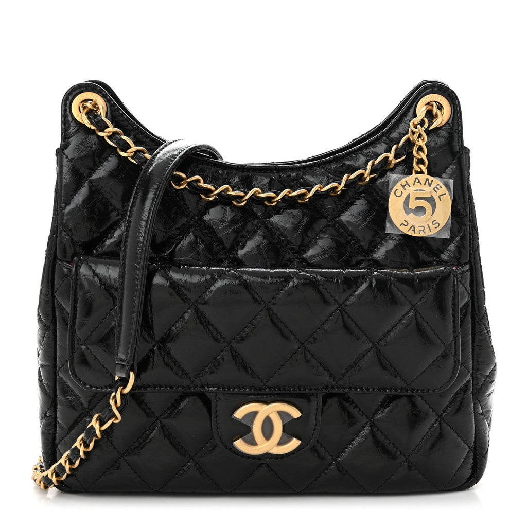 Shiny Crumpled Calfskin Quilted Wavy CC Hobo Black