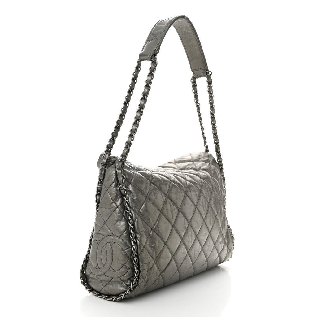 Metallic Calfskin Quilted Medium Chain Me Hobo Dark Silver