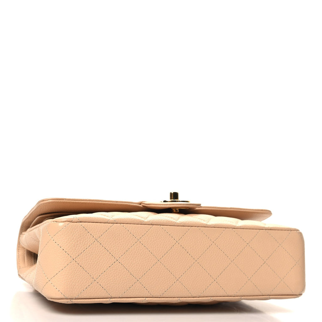 Caviar Quilted Medium Double Flap Beige