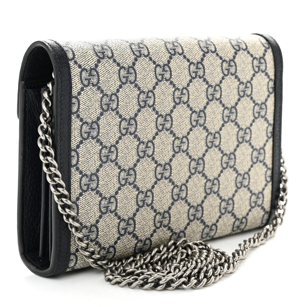 GG Supreme Monogram Textured Dollar Calfskin Mini Dionysus Chain Wallet Beige Blue
