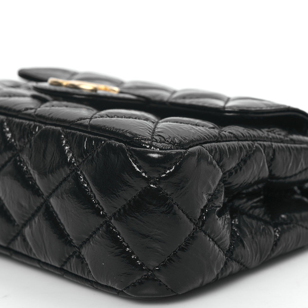 Shiny Crumpled Calfskin Quilted Small Wavy CC Hobo Black